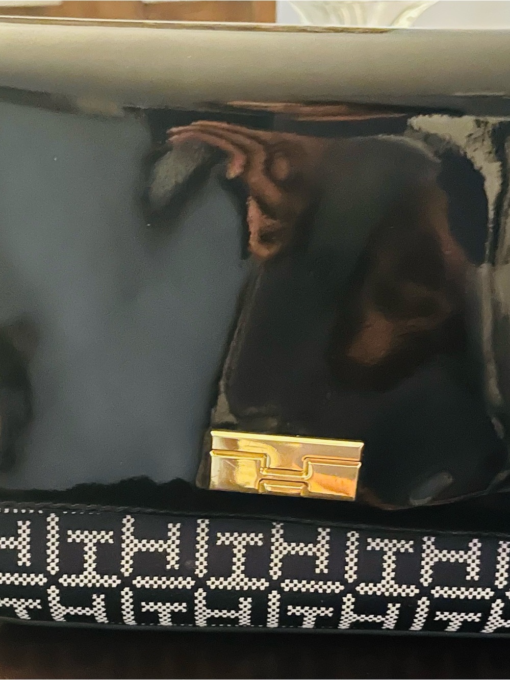 TOMMY HILFIGER Black and White Patent Faux Leather Satchel Bag NEW